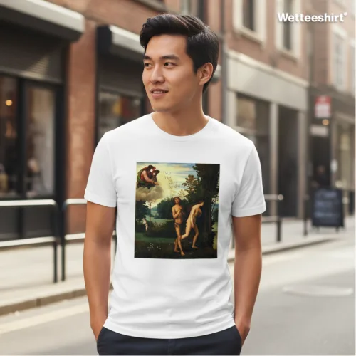 Unisex Adam and Eve short sleeve T-shirt featuring classical Renaissance artwork print, modern Singapore streetwear fashion by Wet Tee Shirt®