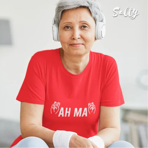 Ah Ma short sleeve T-shirt Singapore streetwear — bright red unisex cotton tee with bold white AH MA print and heart‑hand gesture design, Wet Tee Shirt x Salty collaboration.