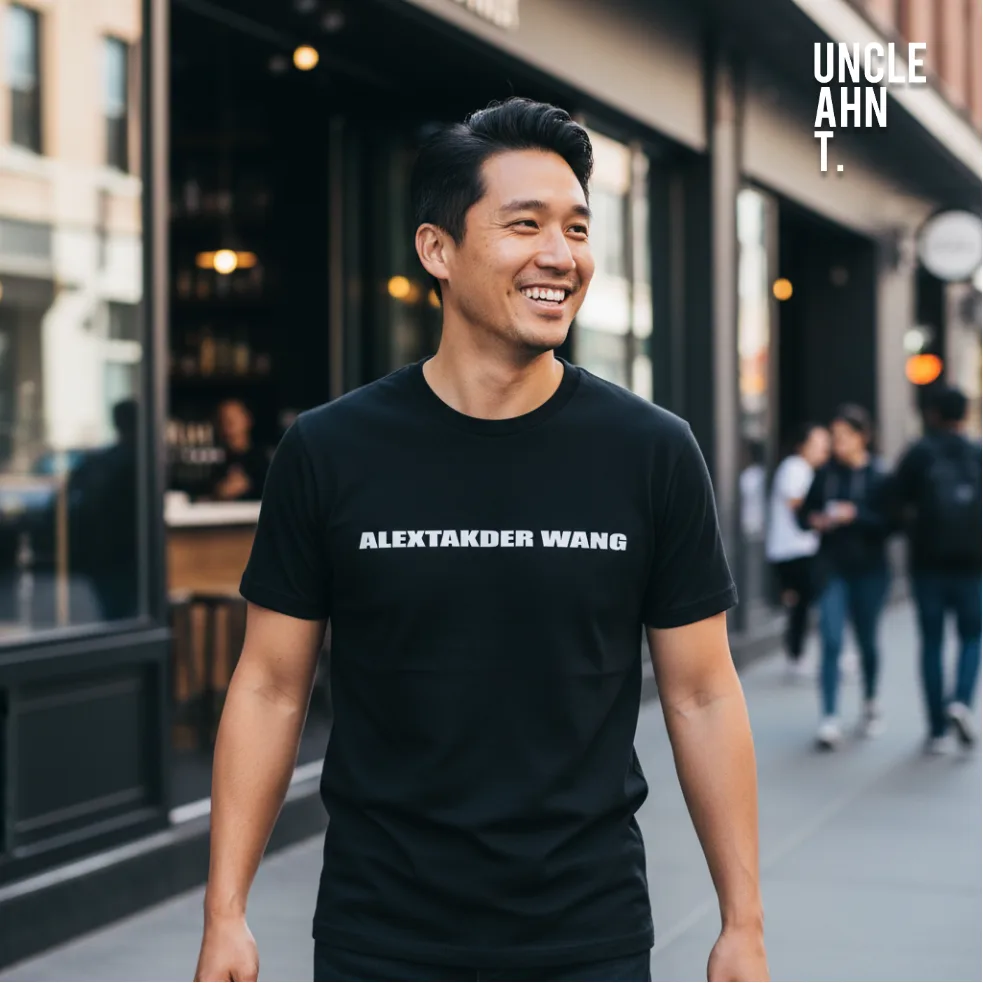 Urban streetwear photo of a man walking along a city street in a black graphic tee with bold white text ‘ALEXTAKDER WANG,’ with storefronts and pedestrians in the background, featuring Wet Tee Shirt® x Salty Singapore’s Uncle Ahn T collection.