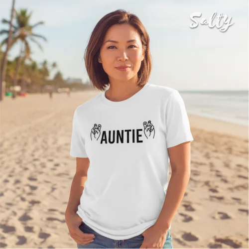 Auntie short sleeve T-shirt Singapore beachwear — white unisex cotton tee with bold black AUNTIE print and ASL-inspired hand gesture design, Wet Tee Shirt x Salty collaboration streetwear