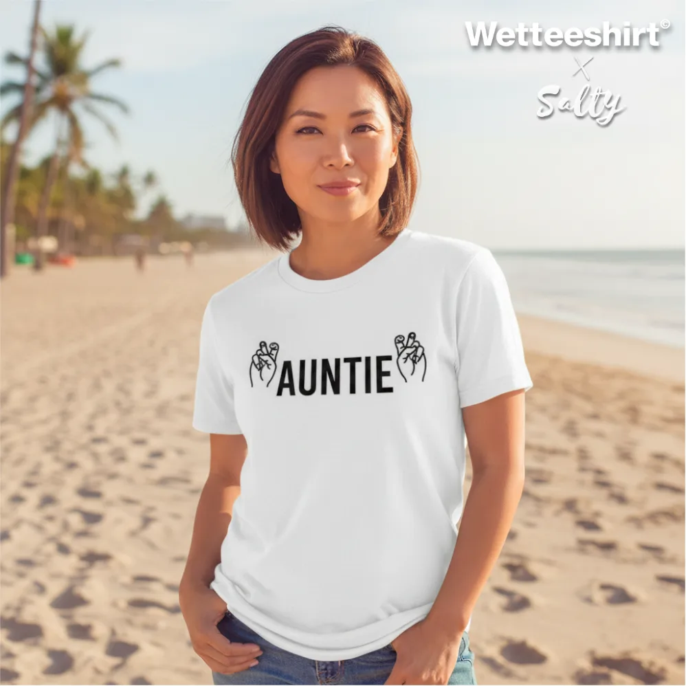 Auntie short sleeve T-shirt Singapore beachwear — white unisex cotton tee with bold black AUNTIE print and ASL-inspired hand gesture design, Wet Tee Shirt x Salty collaboration streetwear