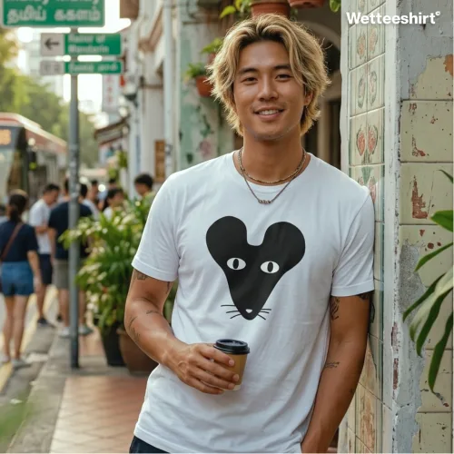 Smiling person outdoors holding coffee cup, wearing white Wetteeshirt® Black Faced Rat tee with bold black stylized mouse face graphic, casual unisex Singapore streetwear in vibrant city setting.jpg