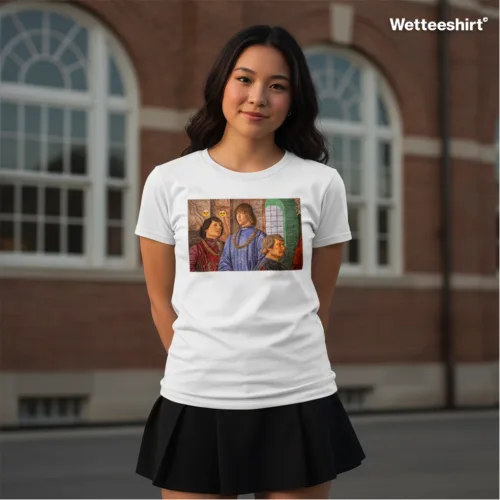 Unisex white short sleeve T-shirt with vibrant three-figure artwork print, playful Singapore streetwear fashion by Wet Tee Shirt®