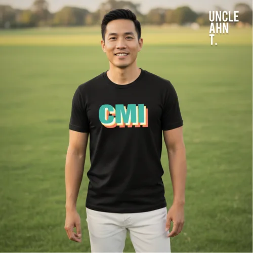 Singapore streetwear CMI short sleeve T-shirt in black, bold colorful layered teal‑white‑orange letters, casual unisex tee by Uncle Ahn T, premium cotton playful design photographed outdoors
