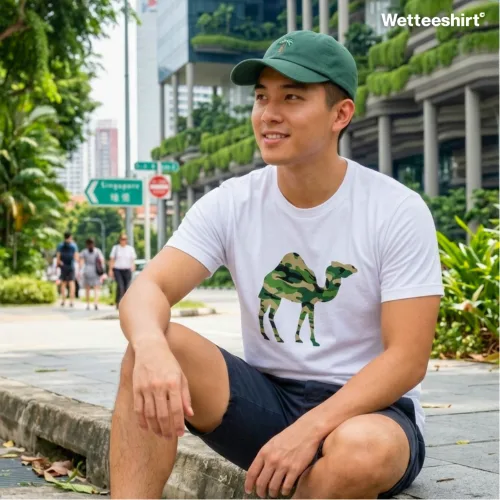 Person in green cap and dark shorts sitting on Singapore sidewalk wearing white Wetteeshirt® Camo Camel tee with camouflage‑patterned camel graphic, casual unisex streetwear blending urban and nature vibes.jpg