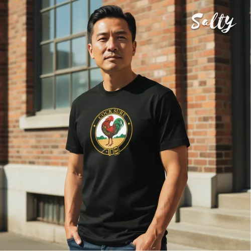 Cock Sure Short Sleeve T-shirt in black featuring bold circular rooster graphic with playful ‘Cock Sauce Dip’ parody design. Funny Singapore streetwear by Wetteeshirt® x Salty, perfect for fans of quirky, humorous fashion and Sriracha-inspired pop culture tees.