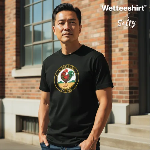 Cock Sure Short Sleeve T-shirt in black featuring bold circular rooster graphic with playful ‘Cock Sauce Dip’ parody design. Funny Singapore streetwear by Wetteeshirt® x Salty, perfect for fans of quirky, humorous fashion and Sriracha-inspired pop culture tees.