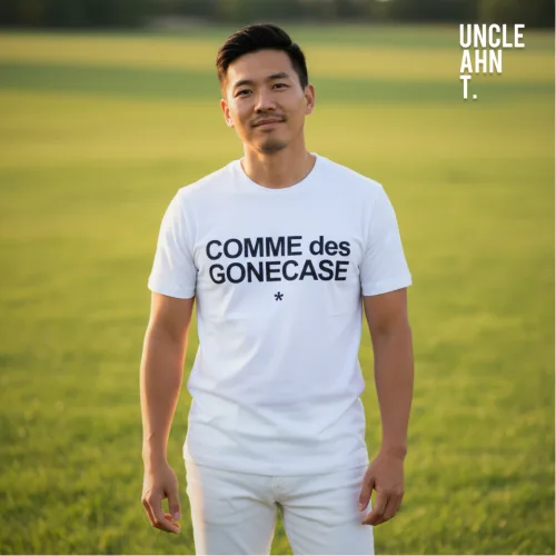 Singapore streetwear COMME des GONECASE white short sleeve T-shirt, bold black text with star graphic, playful parody unisex tee by Uncle Ahn T, premium cotton casual design photographed outdoors