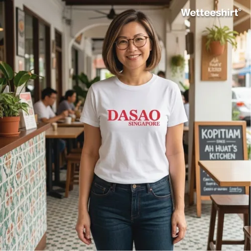 "Woman wearing DASAO Singapore graphic T-shirt in front of local kopitiam eatery, casual unisex streetwear inspired by Singapore culture, premium cotton short sleeve tee by Wetteeshirt, perfect for men and women, Singlish Hokkien design, trendy urban fashion streetwear in Singapore.