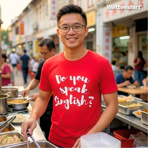 "Man at Singapore street food stall wearing bright red ‘Do you speak Singlish?’ graphic T-shirt, casual unisex streetwear by Wetteeshirt, premium cotton tee celebrating local culture, Singlish slang fashion statement, trendy urban outfit for men and women.
