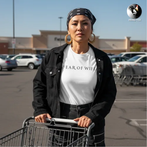Unisex white short sleeve T-shirt with bold red “FEAR OF WIFE” text, humorous Singapore streetwear by Wet Tee Shirt®