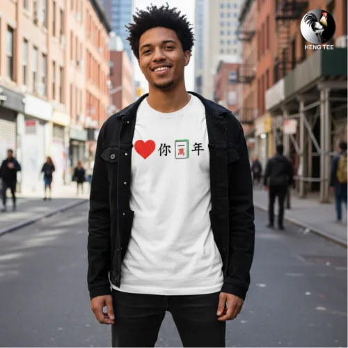 Unisex white short sleeve T-shirt with black text and red heart emoji followed by Chinese characters “你国年,” modern Singapore streetwear by Wet Tee Shirt®