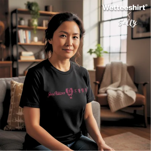 Good Riddance black T-shirt with bold pink lettering, Chinese characters, and laurel wreath graphic. Wetteeshirt® x Salty collaboration streetwear, mixing edgy humor with modern casual fashion.