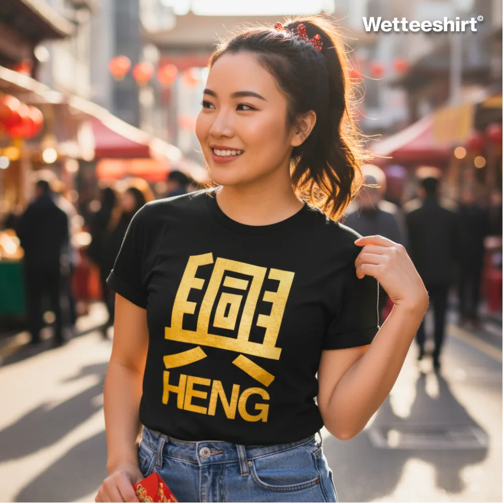 Outdoor market fashion photo of a smiling woman wearing the Wet Tee Shirt HENG black graphic T‑shirt with bold gold Chinese character and text, standing under festive red lanterns with people walking in the background — stylish Asian streetwear casual tee symbolizing prosperity and good fortune.