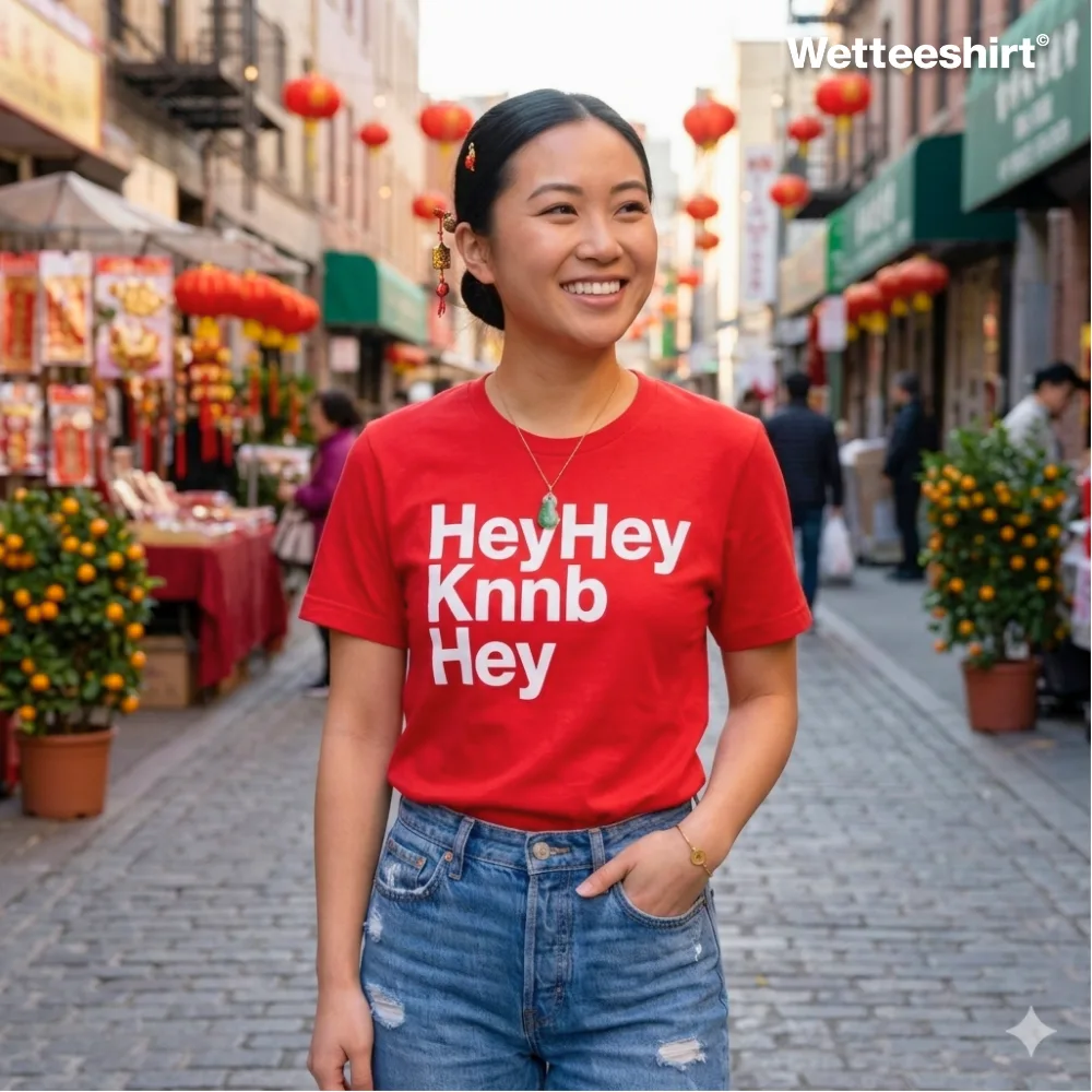 Vibrant Chinatown streetwear photo of a smiling person wearing the Wet Tee Shirt Hey Hey Knnb Hey red graphic T‑shirt with bold white text, paired with casual blue jeans, standing under festive red lanterns among shops and market stalls — playful Asian street style casual tee with humorous slogan.
