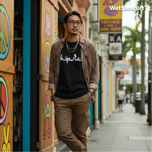 Urban hipster short sleeve t-shirt in black with bold white cursive lettering, styled with patterned brown overshirt and casual pants, worn by a bearded man with glasses walking through a vibrant street art neighborhood featuring peace signs and vintage shop signs — trendy streetwear fashion for men.