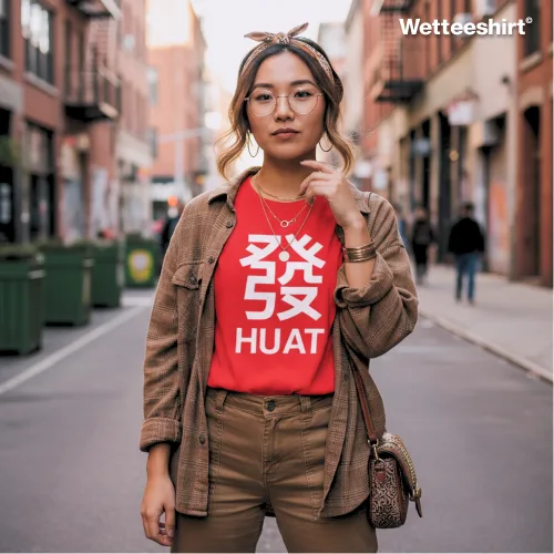 Red streetwear T-shirt with bold white ‘發 HUAT’ print, styled with brown jacket, brown pants, headband, glasses, necklaces, and crossbody bag, worn confidently on a busy city street — trendy fashion blending Chinese prosperity symbolism with modern urban style.