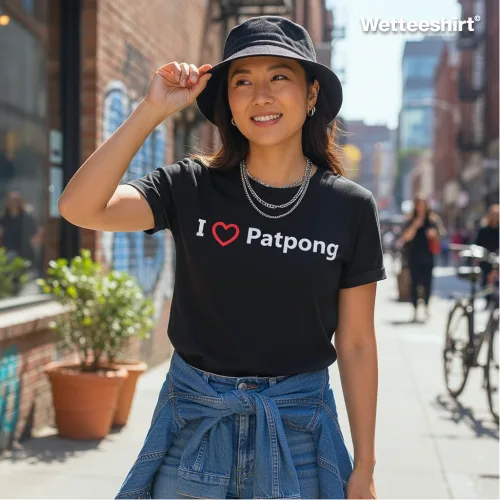 Black casual T-shirt with bold white ‘I ❤️ Patpong’ slogan, styled with black bucket hat, layered silver necklaces, and denim jacket tied at waist, worn while smiling on city street with brick building, potted plants, and pedestrians — trendy streetwear celebrating Bangkok’s Patpong district.