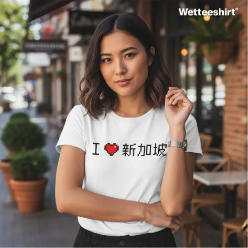 White casual T-shirt with bold ‘I ❤️ 新加坡’ slogan, styled with relaxed pose and hand in hair, worn outdoors in front of café with potted plants and tables — trendy streetwear fashion celebrating love for Singapore in Chinese characters.
