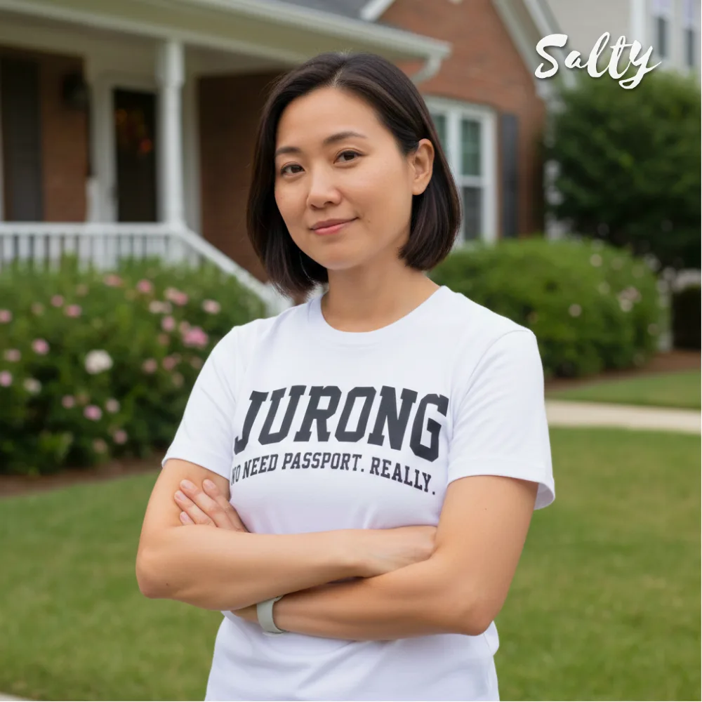 Singapore streetwear — person outdoors in front of house with brick facade and garden wearing Wetteeshirt × Salty white graphic t-shirt with bold black text ‘JURONG NO NEED PASSPORT. REALLY,’ casual lifestyle fashion shot with flowers, bushes, and columns in background.
