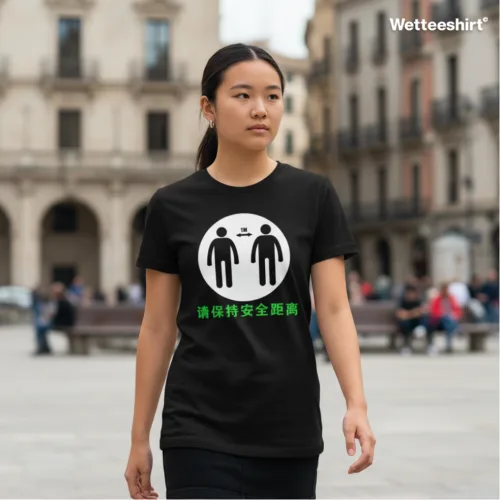 Unisex black short sleeve T-shirt with white social distancing graphic and Chinese text “请保持安全距离,” modern Singapore streetwear by Wet Tee Shirt®