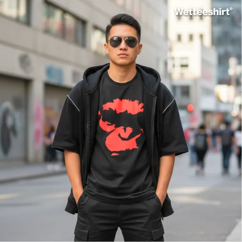 Black streetwear T-shirt with bold red ape face graphic, styled with black short-sleeve hoodie, cargo shorts, and dark sunglasses, worn confidently in lively urban street with storefronts and pedestrians — edgy fashion blending bold design with modern streetwear culture.