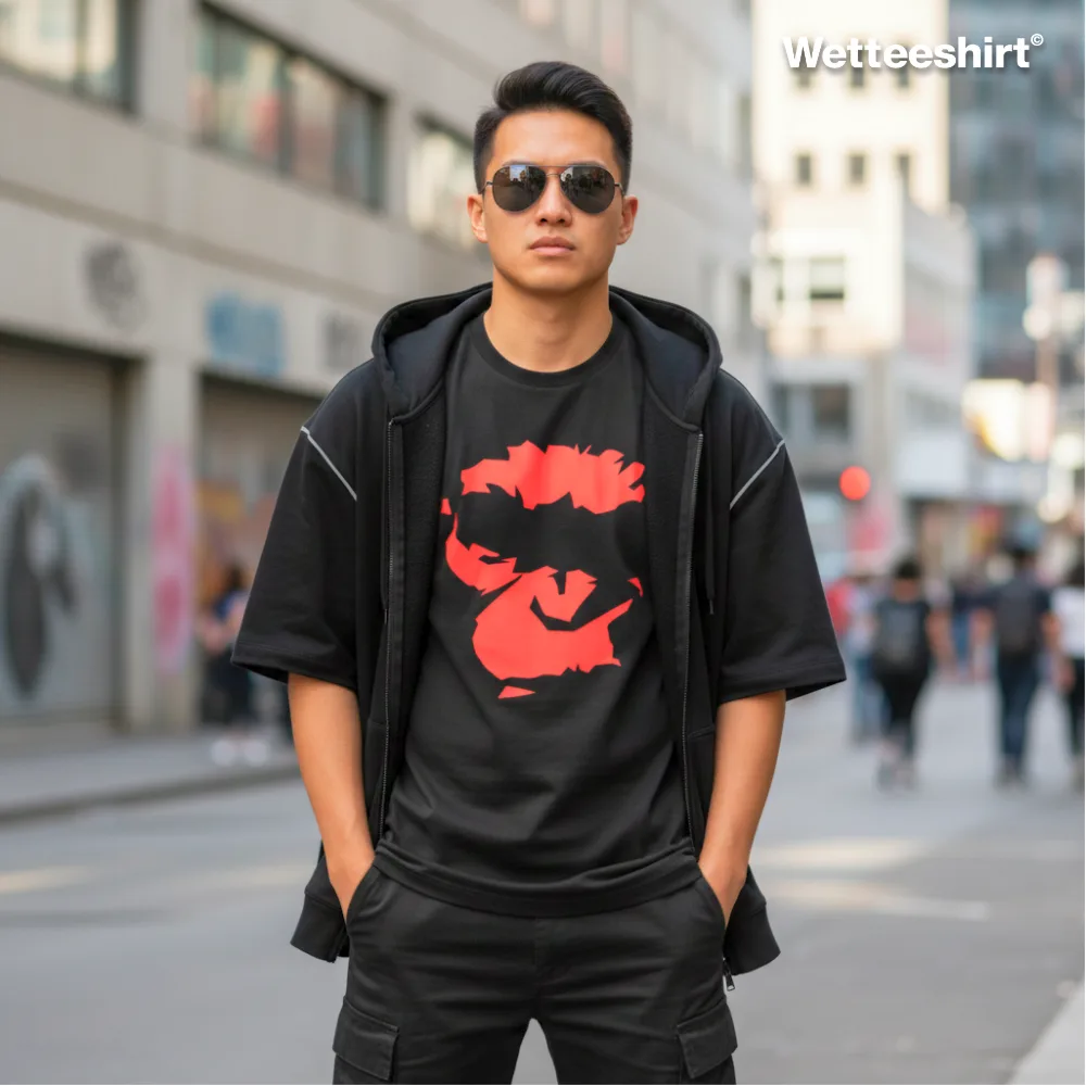 Black streetwear T-shirt with bold red ape face graphic, styled with black short-sleeve hoodie, cargo shorts, and dark sunglasses, worn confidently in lively urban street with storefronts and pedestrians — edgy fashion blending bold design with modern streetwear culture.