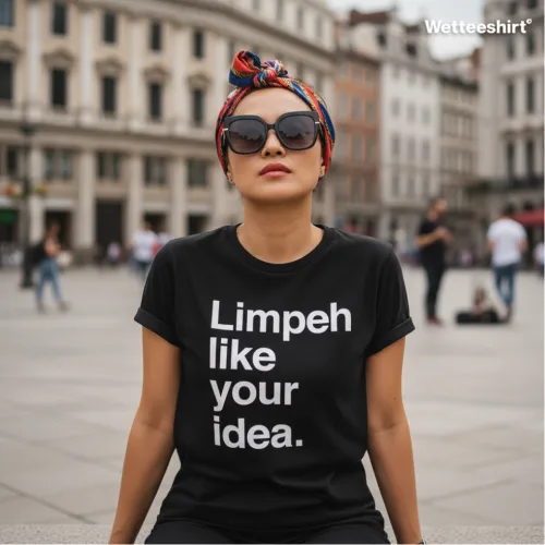 Unisex black short sleeve T-shirt with bold white slogan “Limpeh like your idea,” playful Singapore streetwear by Wet Tee Shirt®