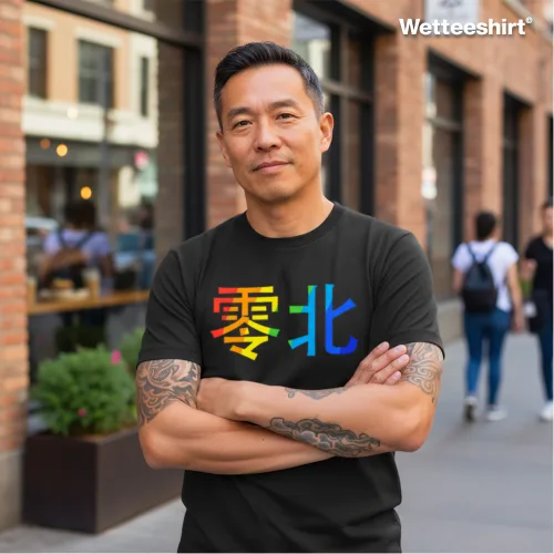 Black casual T-shirt with bold gradient Chinese characters ‘零北’ — red and yellow for ‘零,’ blue and green for ‘北’ — styled with tattoos and arms crossed, worn outdoors on city sidewalk with brick building and pedestrians — striking streetwear fashion blending cultural text with vibrant design