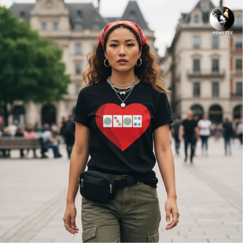 Unisex black short sleeve T-shirt with large red heart graphic featuring four colorful square icons, playful Singapore streetwear by Wet Tee Shirt®