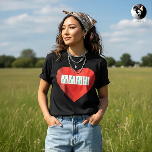Unisex black short sleeve T-shirt with large red heart graphic featuring five green Mahjong tiles, witty Singapore streetwear by Wet Tee Shirt®