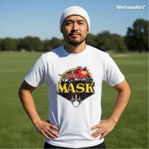 Unisex white short sleeve T-shirt with colorful retro vehicle graphic and bold yellow “MASK” logo, playful Singapore streetwear by Wet Tee Shirt®