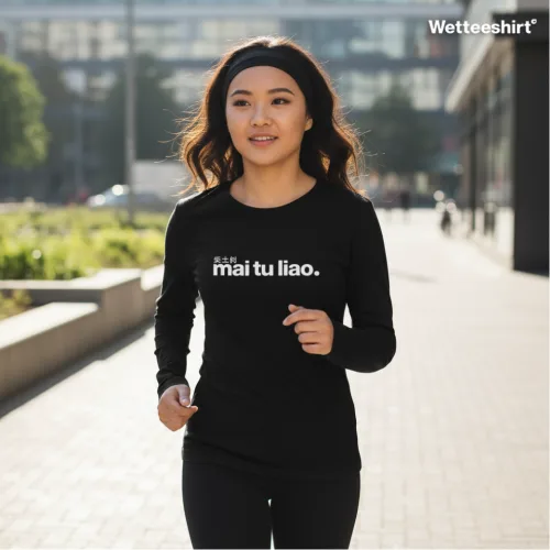 Unisex black long sleeve T-shirt with bold white slogan “mai tu liao.” in lowercase letters, witty Singapore streetwear by Wet Tee Shirt®