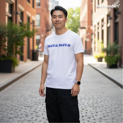 Unisex white short sleeve T-shirt with bold blue slogan “MATA MATA,” witty Singapore streetwear by Wet Tee Shirt®