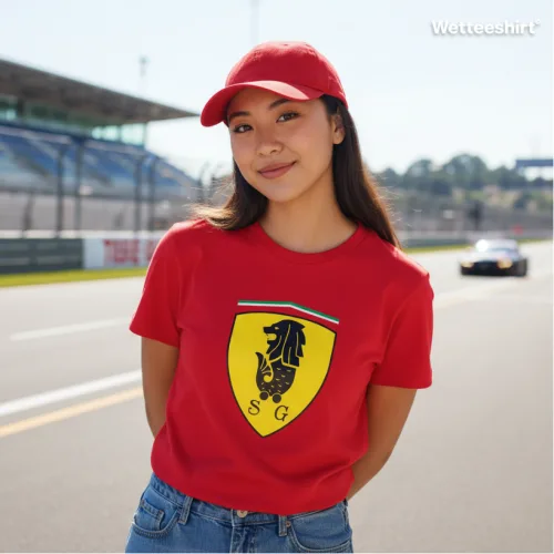 Unisex red short sleeve T-shirt with yellow shield logo and black prancing horse, Merrari S1 motorsport-inspired streetwear by Wet Tee Shirt