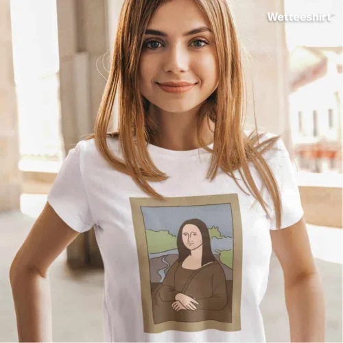 Unisex white short sleeve T-shirt with humorous cartoon Mona Lisa artwork, playful Singapore streetwear by Wet Tee Shirt®