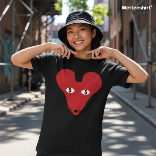 Black streetwear T-shirt with red heart mouse face graphic and dollar sign eyes, playful Wet Tee Shirt® design