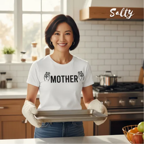 Warm kitchen photo of a woman in oven mitts holding a baking tray, wearing a white graphic tee with bold black text ‘MOTHER’ and heart‑hands design, surrounded by stove, countertop, and fruit bowl, part of the Wet Tee Shirt® x Salty Singapore streetwear collection.