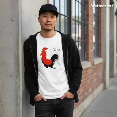 White streetwear T-shirt with red and black rooster graphic and Hey Nice Cock slogan, bold Wet Tee Shirt® design
