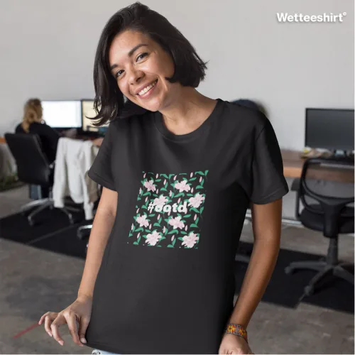 Black streetwear T-shirt with floral square design and #qatd text, trendy Wet Tee Shirt® office-inspired fashion