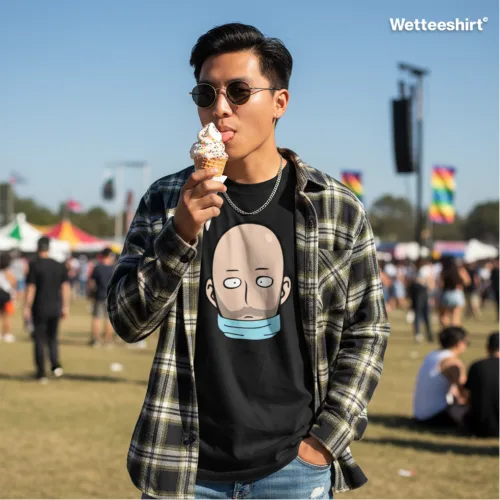 Unisex black short sleeve T-shirt with cartoon bald anime-inspired character graphic, playful Singapore streetwear by Wet Tee Shirt®