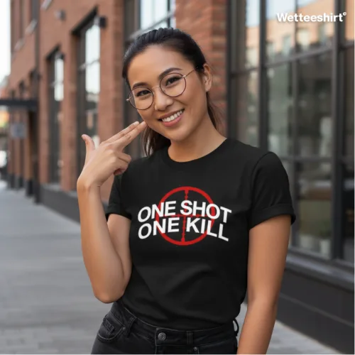 Black streetwear T-shirt with One Shot One Kill slogan and red prohibition symbol, bold Wet Tee Shirt® anti-violence design