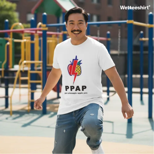 White streetwear T-shirt with PPAP apple pineapple graphic and Pen Pineapple Apple Pen slogan, viral Wet Tee Shirt® design