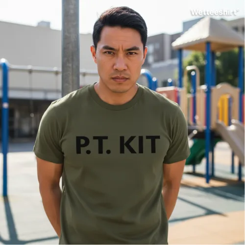 Olive green streetwear T-shirt with bold P.T. KIT text, casual Wet Tee Shirt® fitness-inspired design