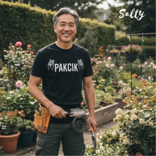 Outdoor lifestyle photo of a man in a black graphic tee with bold white text ‘PAKCIK’ and side figures, wearing a tool belt and holding gardening tools in a lush flower garden with raised beds and hanging plants, part of the Wet Tee Shirt® x Salty Singapore streetwear collection.