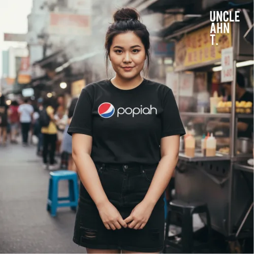 Singapore streetwear popiah black short sleeve T-shirt, parody of Pepsi logo with playful local food twist, casual unisex tee by Uncle Ahn T, premium cotton humorous design photographed in street market setting