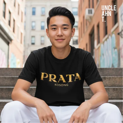 Singapore streetwear PRATA KOSONG black short sleeve T-shirt, bold gold text design inspired by local food culture, casual unisex tee by Uncle Ahn T, premium cotton playful design photographed outdoors in urban graffiti street setting