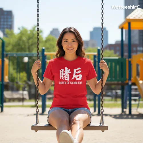 Red streetwear T-shirt with Queen of Gamblers slogan and Chinese characters 赌后, bold Wet Tee Shirt® casino-inspired design