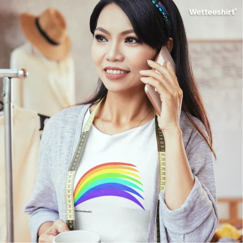 White T-shirt with rainbow curved stripe design, Wet Tee Shirt® fashion-inspired tailoring look