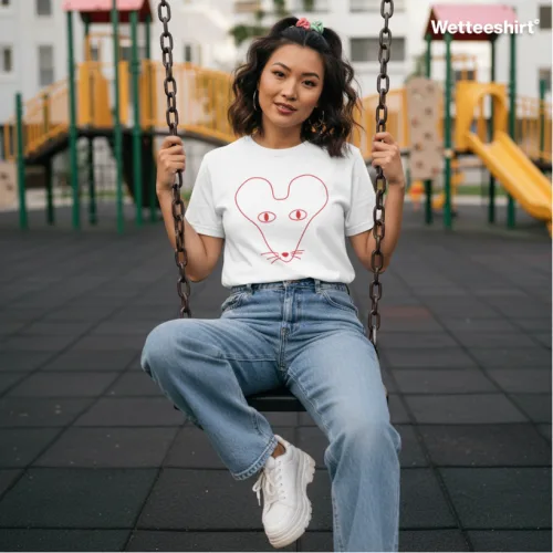 White streetwear T-shirt with red mouse face line drawing, casual Wet Tee Shirt® playground-inspired design